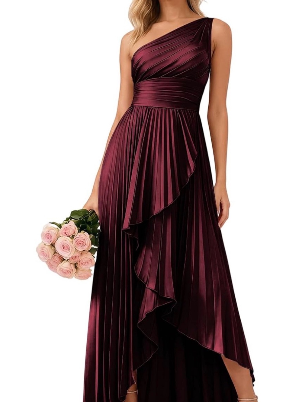 One Shoulder Satin Bridesmaid Dresses with Slit Pleated High Low Formal Evening